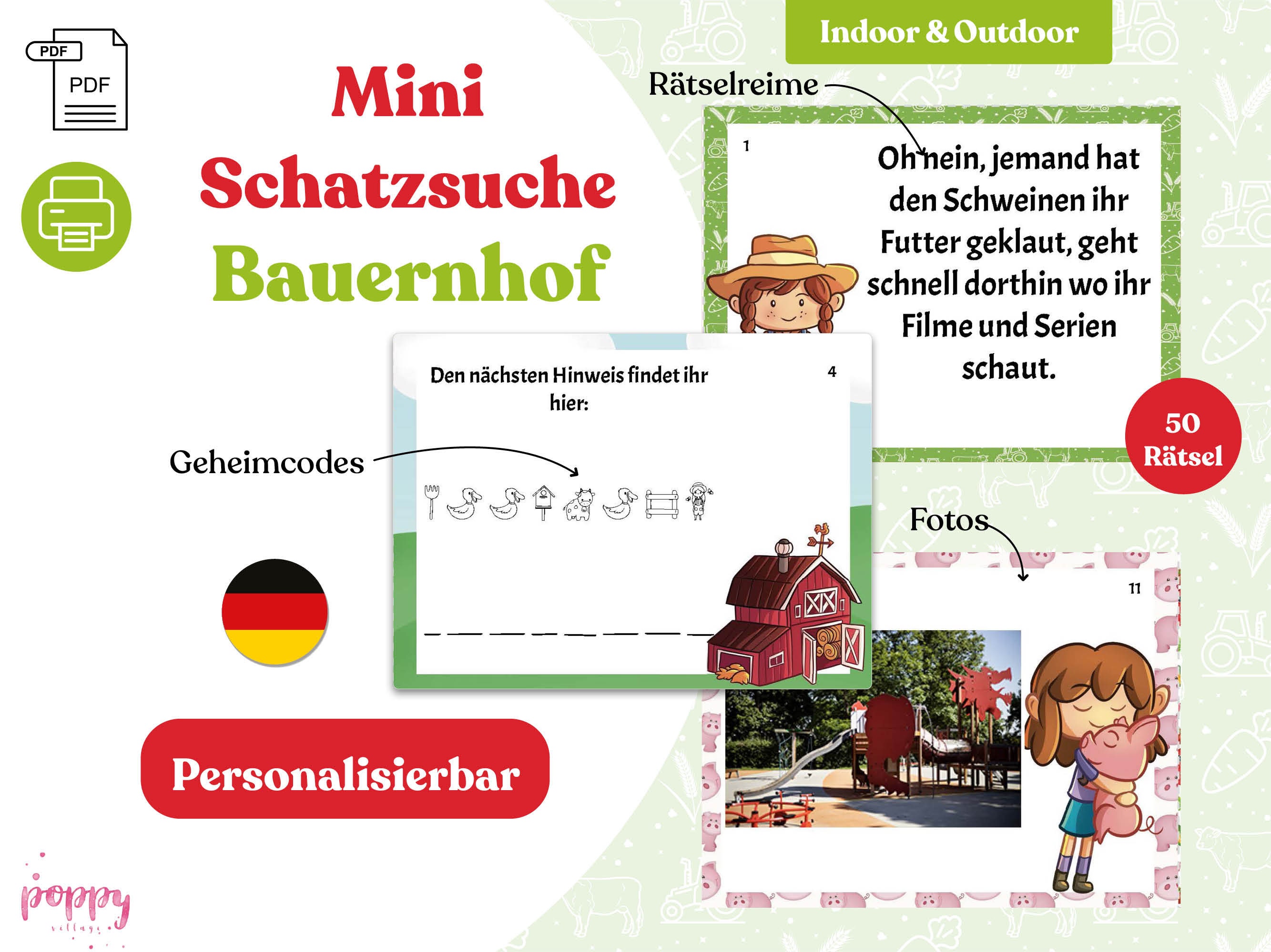 Bauernhof Schatzsuche - personalisierbare Schnitzeljagd zum Kindergeburtstag für kleine Tierfreunde- digitales PDF zum Ausdrucken