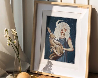 Hare Moon - Hand Embellished Fine Art Print - by Lauren Walke - 9 Sirens Creative