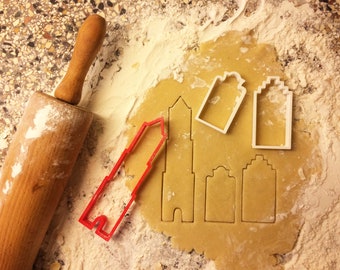 Ensemble de coupe à l’emporte-pièce Utrecht, la Domtower et 2 maisons de canal hollandais. Fait d’excellents cookies. Construisez votre propre petite ville comestible.