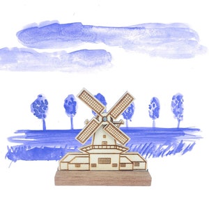 Hollandse houten windmolen met draaiende wieken, lasergesneden miniatuur. afbeelding 4