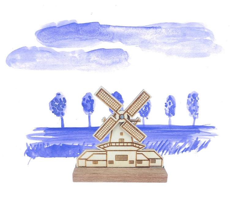 Hollandse houten windmolen met draaiende wieken, lasergesneden miniatuur. afbeelding 4