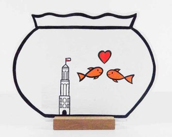 Wooden Fishbowl with 2 fishes, a heart and the Domtower.