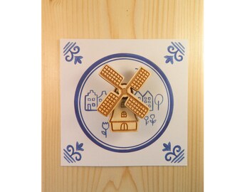 Wooden souvenir brooch or magnet: Dutch windmill