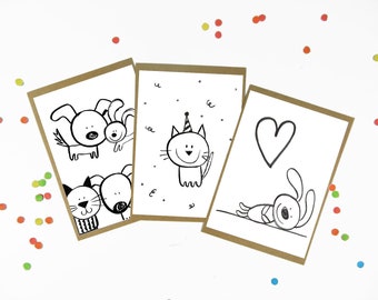 Conjunto de 3 postales en blanco y negro con sobres kraft. Estas postales están hechas de los dibujos que hice para los 100 días de proyecto de mascotas