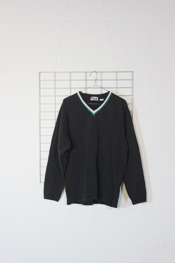Super Faded Worn Black Fila V Neck 