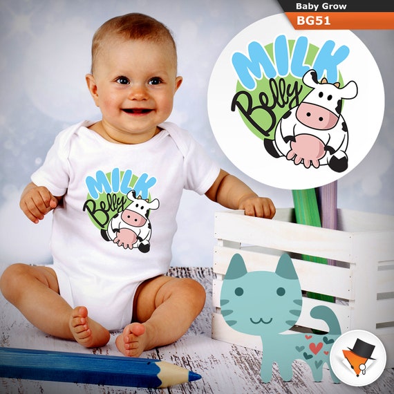 MILK BELLY FUNNY CUTE COW BABYGROW BABY GROW ALL SIZES 0-24 months ^