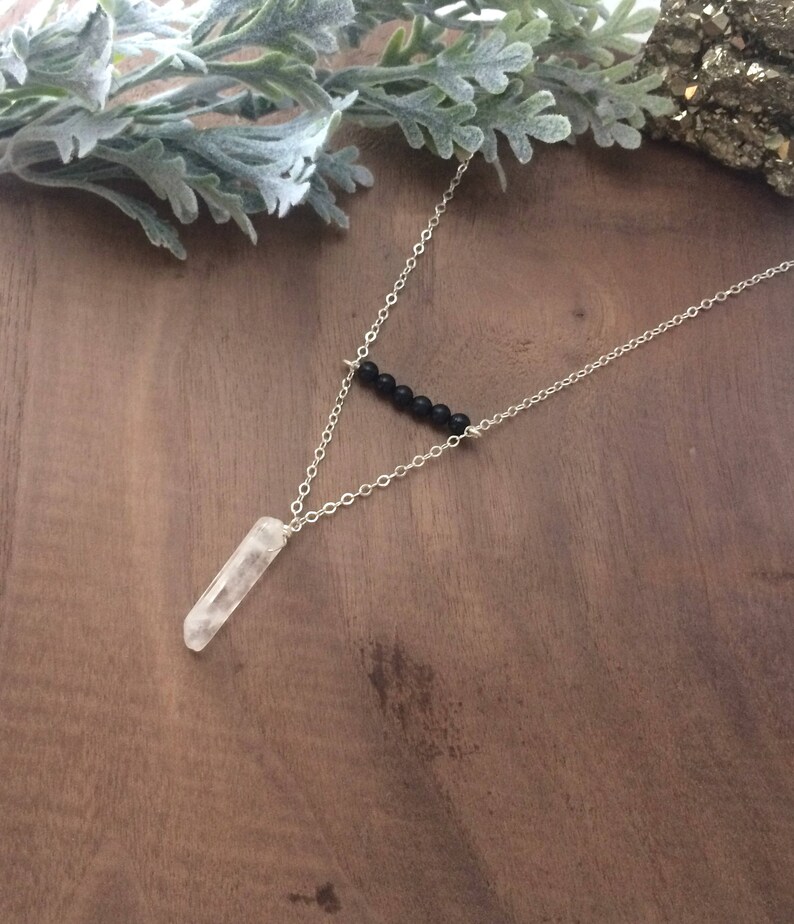 Black Onyx and Crystal Quartz Necklace Lariat Dainty Minimal Raw Stone Tumbled Stones Natural Boho Jewelry Boho