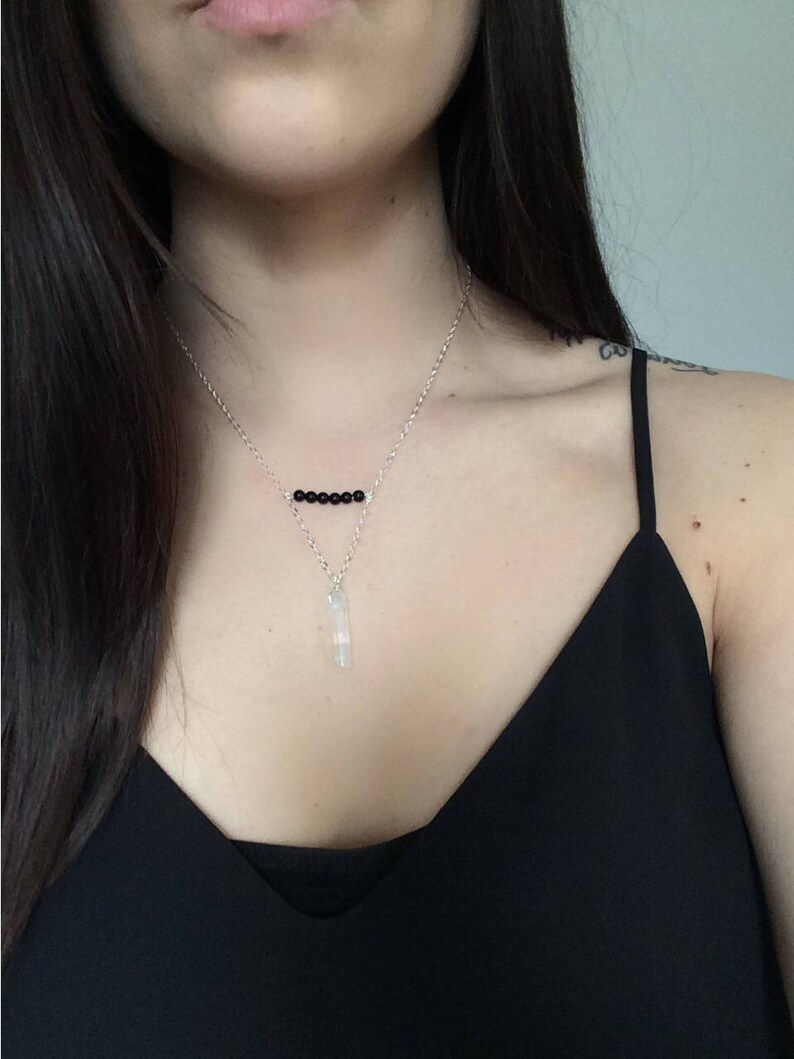 Black Onyx and Crystal Quartz Necklace Lariat Dainty Minimal Raw Stone Tumbled Stones Natural Boho Jewelry Boho