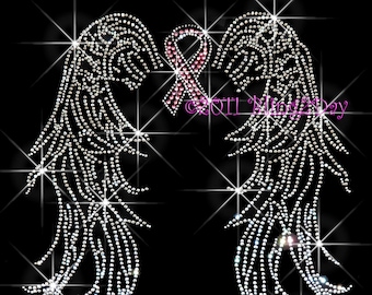 Angel Wings - Pink Breast Cancer Ribbon - Iron on Rhinestone Transfer Shirt Bling Hot Fix - DIY Rhinestone Shirts