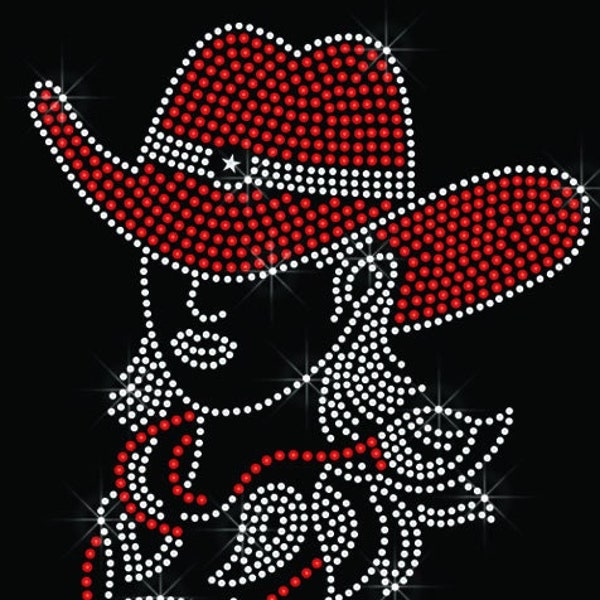 Huge Cowgirl Girl Red Hat Western Hat - Iron on Rhinestone Transfer Bling Lady Woman Motif Rhinestone Applique - DIY Rhinestone Shirts