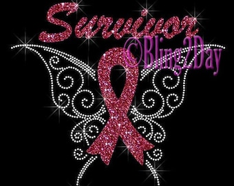Survivor - Butterfly Pink Ribbon - PINK Ribbon Glitter Vinyl - Iron on Vinyl/Rhinestone Transfer Bling Hot Fix Breast Cancer - DIY Shirts