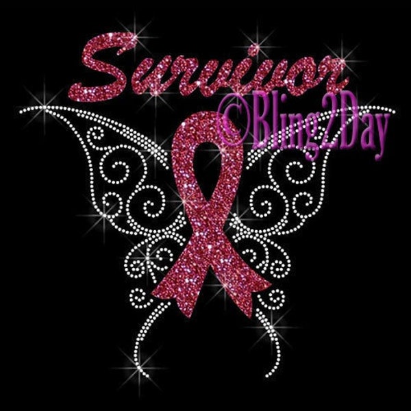 Survivor - Butterfly Pink Ribbon - PINK Ribbon Glitter Vinyl - Iron on Vinyl/Rhinestone Transfer Bling Hot Fix Breast Cancer - DIY Shirts