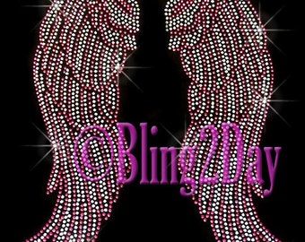 Large PINK Angel Wings - Iron on Rhinestone Transfer Bling Hot Fix Motif Applique - DIY