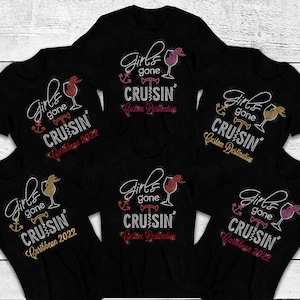 Girls Gone Cruisin w Destination Rhinestone Shirt - Drink Glass Iron On Transfer, Group Vacation Cruise Anchor Rhinestone Bling Trip T-Shirt