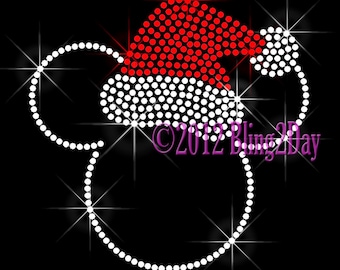 Mickey RED Christmas Santa Hat - Iron on Rhinestone Transfer Bling Hot Fix Mouse Minnie Kid Mom - DIY
