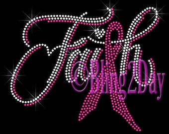 Faith - PINK Breast Cancer Ribbon - Iron on Rhinestone Transfer Bling Hot Fix - Awareness Applique - DIY