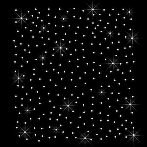 May include: A black background with a pattern of white dots and stars. The stars are of varying sizes and have a sparkle effect.