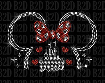 Magic Castle Minnie with Polka Dot Bow - Custom Select Color Iron on Rhinestone Transfer Bling Disney Mouse Kid Mom Applique DIY Shirt