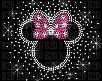 Burst Random Scattered Minnie with Polka Dot Bow - Custom Select Color Iron on Rhinestone Transfer Bling Mouse Kid Mom Applique DIY Shirt