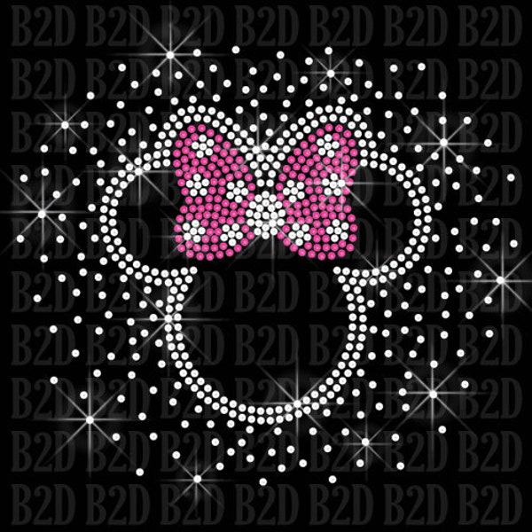 Burst Random Scattered Minnie with Polka Dot Bow - Custom Select Color Iron on Rhinestone Transfer Bling Mouse Kid Mom Applique DIY Shirt