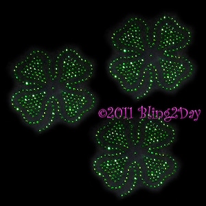 Set of 3 - Four Leaf Clover - Iron on Rhinestone Transfer Bling Hot Fix St. Patricks Day Sparkling Applique - DIY