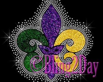 Mardi Gras - Fleur De Lis Glitter - Iron on Vinyl/Rhinestone Transfer Bling Hot Fix French Fat Tuesday - DIY
