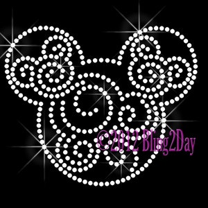 Mickey Swirls - Custom Color - Iron on Rhinestone Transfer Bling Hot Fix Mouse Kid Mom Disney Scroll - DIY