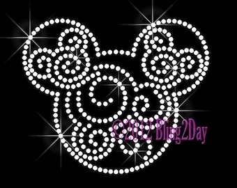 Mickey Swirls - Custom Color - Iron on Rhinestone Transfer Bling Hot Fix Mouse Kid Mom Disney Scroll - DIY