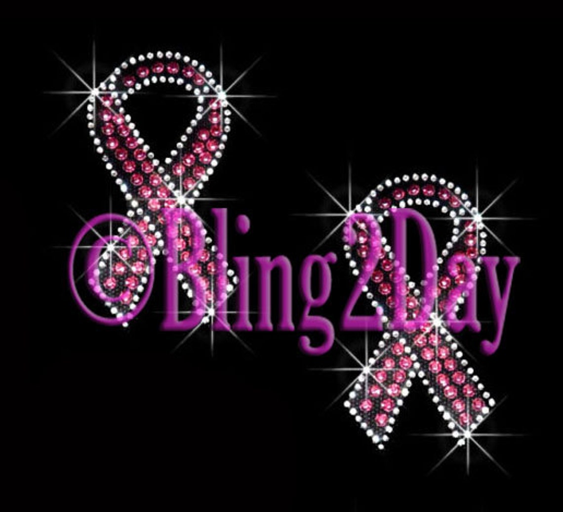 Cancer Ribbon Rhinestone Set of 2 - Pink Breast Cancer Ribbon - Iron on Rhinestone Transfer ...