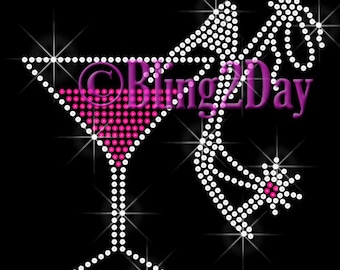 Large Martini Glass with High Heel Shoe - Iron on Rhinestone Transfer Shirt, Bride Rhinestone Shirt Bling, Bridal Wedding - DIY Bride Shirts