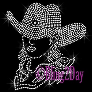 Huge Cowgirl Girl - Clear Western Hat - Iron on Rhinestone Transfer Bling Lady Woman Motif Rhinestone Applique - DIY Rhinestone Shirts