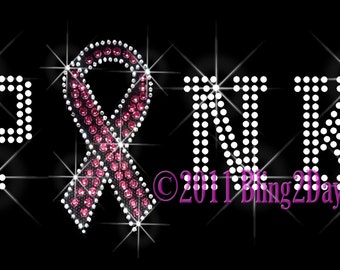 PINK Letter - Breast Cancer Ribbon - Iron on Rhinestone Transfer Bling Hot Fix - Awareness Applique - DIY