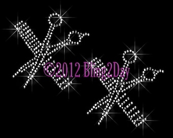 Set of 2 Scissors & Comb - Iron on Rhinestone Transfer Bling Hot Fix Stylist Sparkling Applique - DIY