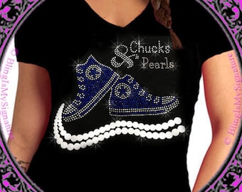 Chucks and Pearls Rhinestone Shirt - Iron on Rhinestone Transfer Bling Shoe Chuck With Pearls on Black History Month Shirt
