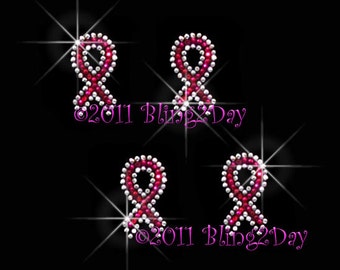 Set of 4 - Mini Pink Breast Cancer Ribbon - Iron on Rhinestone Transfer Bling Hot Fix Awareness Applique - DIY