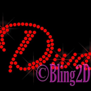 May include: Red rhinestone design of the letter "D" with a smaller "D" inside, with the text "Bling2Day" below.