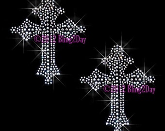 Set of 2 - (M) Clear Cross - Iron on Cross Rhinestone Transfer Bling Hot Fix Sparkling Applique - DIY Cross Shirts