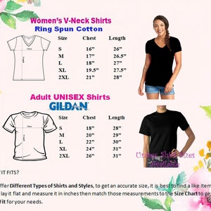 May include: Size chart for women's and unisex t-shirts. The chart shows the chest and length measurements in inches for different sizes, from small to 2XL. The chart is labeled "Women's V-Neck Shirts Ring Spun Cotton" and "Adult UNISEX Shirts GILDAN".