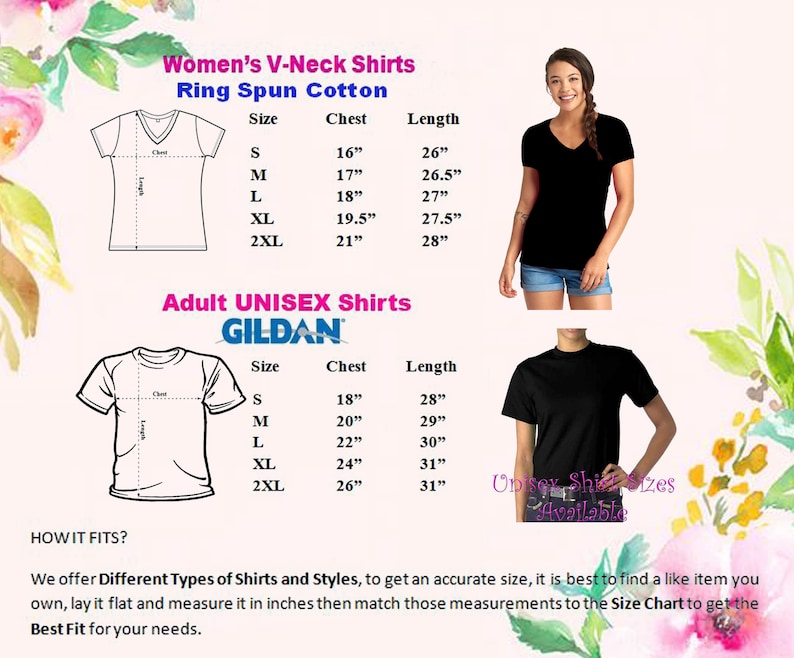 May include: Size chart for women's and unisex t-shirts. The chart shows the chest and length measurements in inches for different sizes, from small to 2XL. The chart is labeled "Women's V-Neck Shirts Ring Spun Cotton" and "Adult UNISEX Shirts GILDAN".