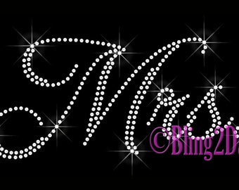 Mrs - Cursive Script Letters Custom Select Colors - Iron on Rhinestone Transfer Bling Hot Fix Bridal Bride Groom Wedding Party - DIY