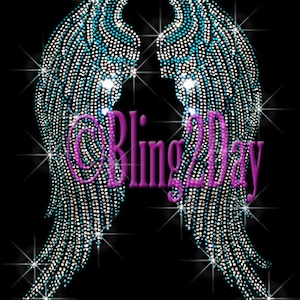 Large TURQUOISE Angel Wings - Iron on Angel Wings Rhinestone Transfer Bling Blue Wing Hot Fix Motif Applique - DIY Angel Wings Shirts