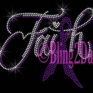 May include: Purple and white rhinestone design with the text "Bling 2 Day" in purple.