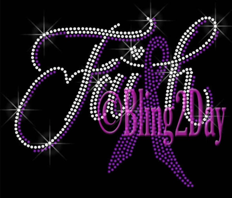May include: Purple and white rhinestone design with the text "Bling 2 Day" in purple.