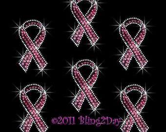 Set of 6 - Pink Breast Cancer Ribbon - Iron on Rhinestone Transfer Bling Hot Fix Awareness Applique - DIY