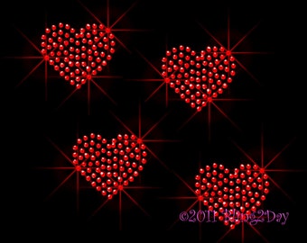 Set of 4 - RED Hearts - Iron on Rhinestone Transfer Bling Hot Fix Love Sparkling Rhinestone Applique - DIY Hearts Rhinestone Shirt