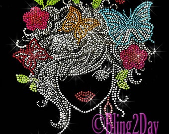 Lady - with Butterfly Hair - Iron on Rhinestone Transfer Bling Hot Fix Flower Stylist Girl Women - DIY