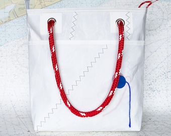 Small Recycled Sail Tote with Red Rope and Blue Accents