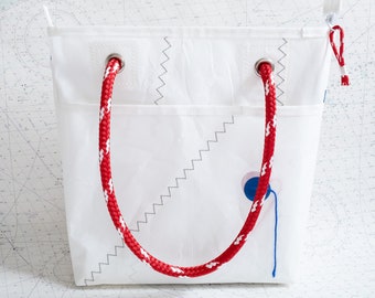 Small Recycled Sail Tote with Red Rope and Blue Accents