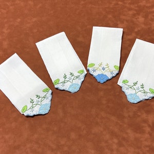 Ladies linen Handkerchiefs or set of napkins with hand embroidery, and applique. Set of 4.