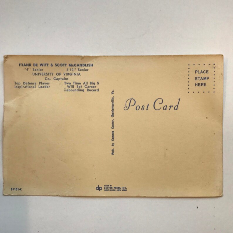 Unused Vintage University of Virginia Sports Memorabilia Photograph Postcard of Frank De Witt and Scott McCandlish